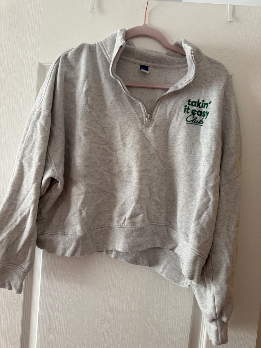 Old Navy Grey Half-Zip Sweatshirt with Green 'takin' it easy Club' Embroidery